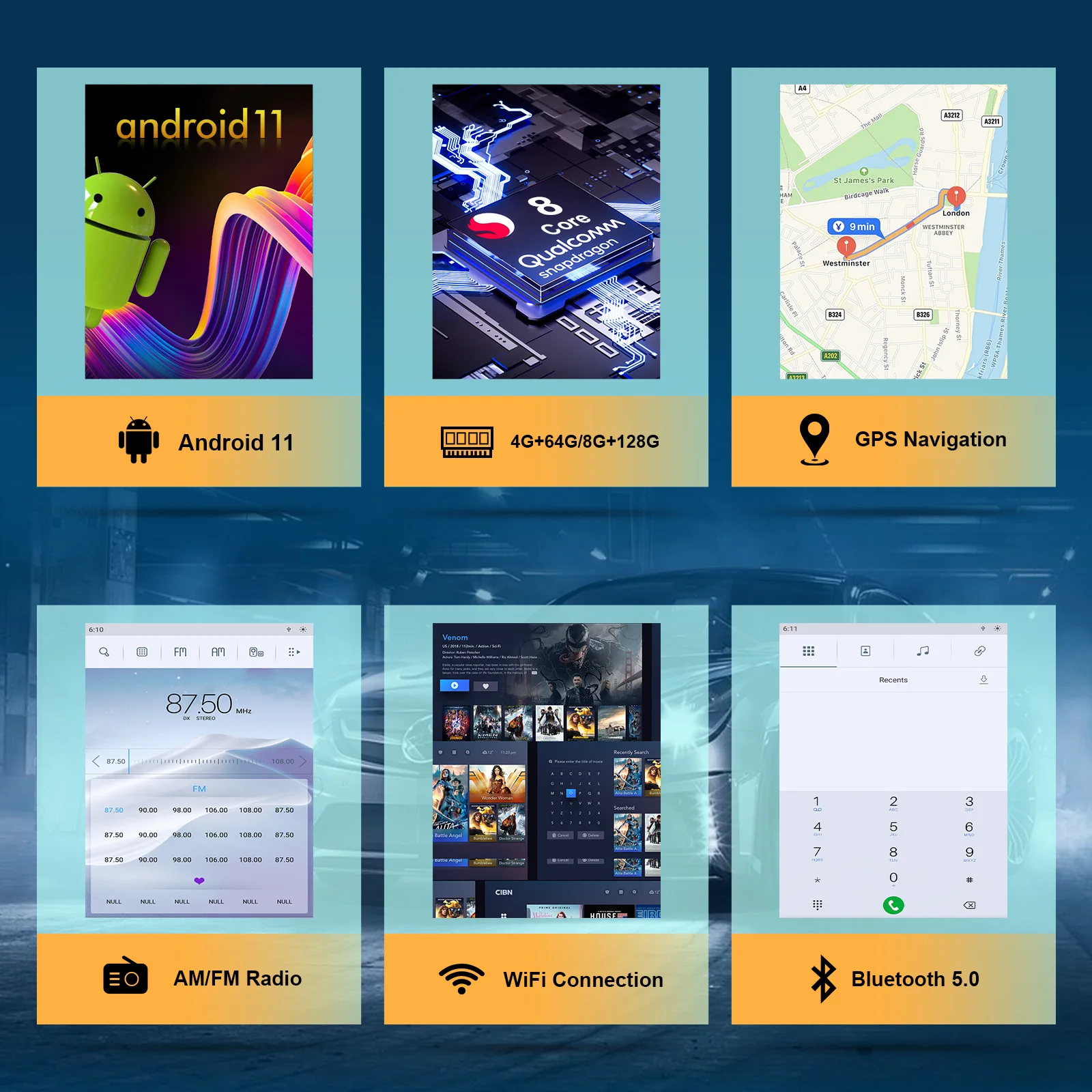 Мультимедийная система на Android 11 8 + 128 ГГц GPS-навигация автомагнитола
