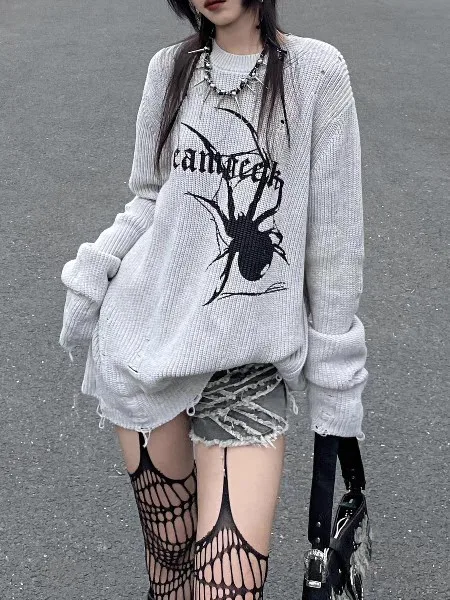 

Oversized Knitted Sweater Women Knitwear Oversized Spider Cobweb Print Ripped Pullover Sweater Woman Winter 2022 Japanese 2022