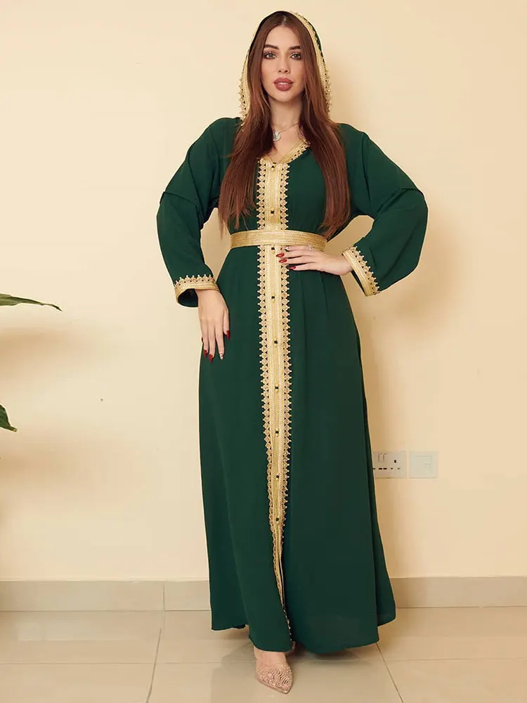 Зеленое Длинное Платье Djellaba в арабском стиле, Женская Золотая отделка, с капюшоном, абайя, Дубай, Саудовский залив, джалабия, элегантный мусу...