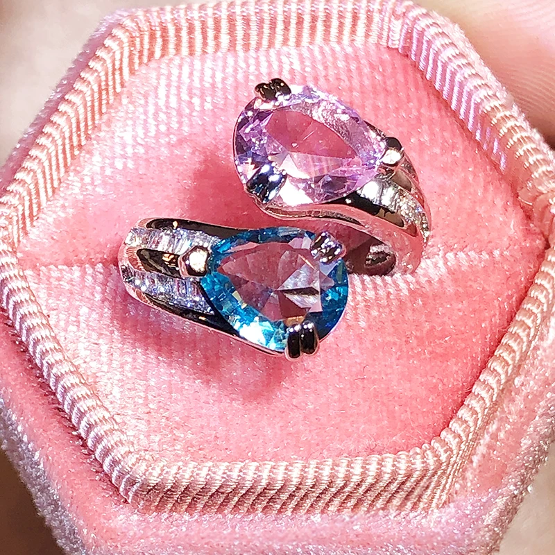 

Classic Irregular Double Elliptical Sapphire Pink Crystal Opening Adjustable Couple Ring For Women Zircon Christmas Gift Jewelry