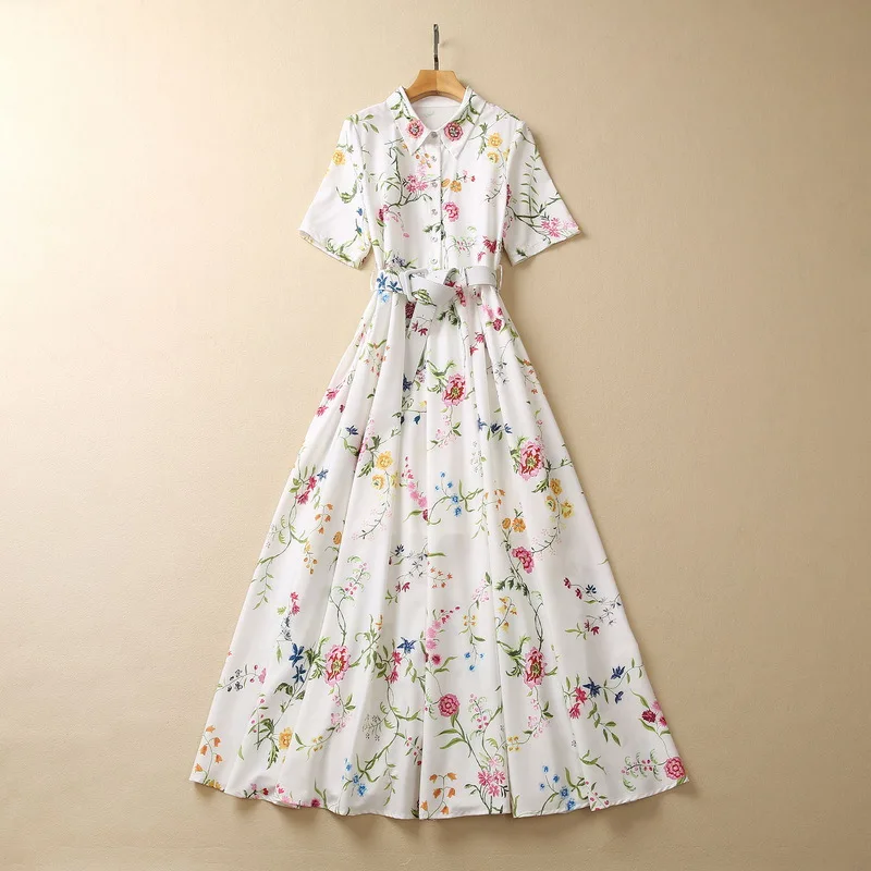 European and American women's clothes 2023 spring new Short sleeve nailed beaded lapel flower print Fashion Belt Pleated Dress