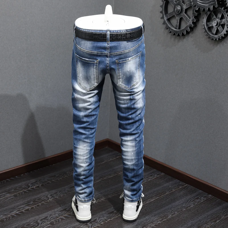 Fashion Designer Men Jeans Retro Blue Plain Washed Elastic Stretch Skinny Ripped Jeans Men Painted Hip Hop Denim Pants Hombre