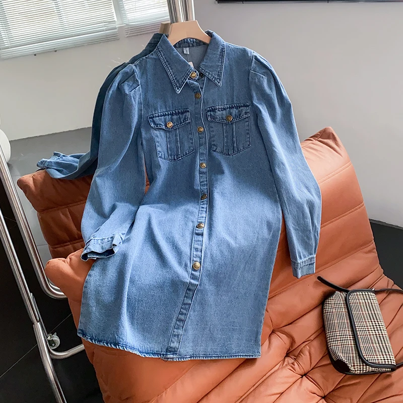 

Women's Denim Dress Female Korean Style Casual Solid Color Turn-Down Collar Full Sleeve Jean Dresses Office Lady Wear for 18-24Y