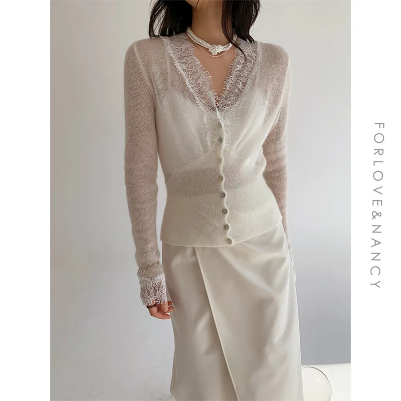 

White Cardigan 2021 Autumn and Winter Original Women's Clothing Niche V-neck Pullover Long Sleeve Lace Splicing Sweater