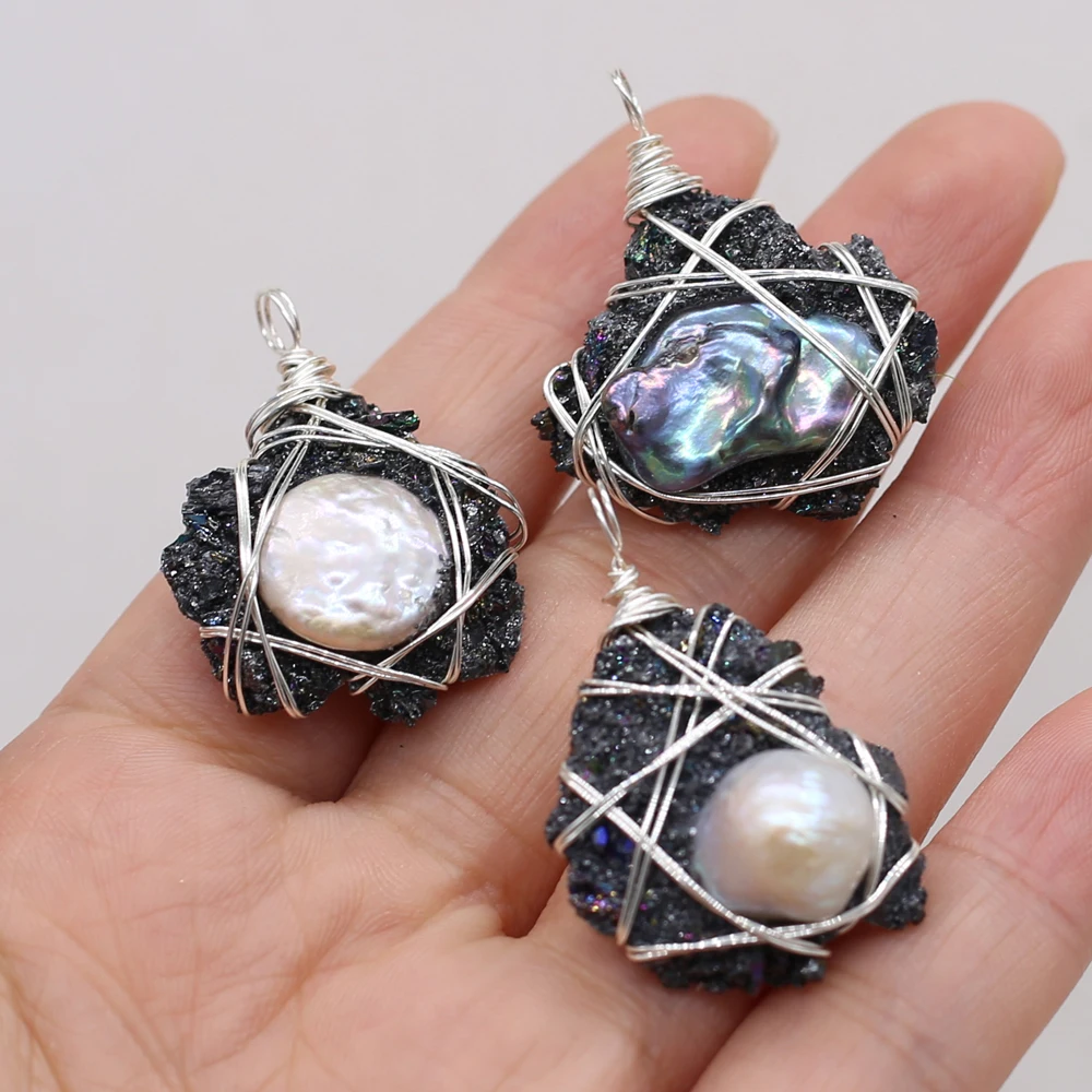 

Abalone White Natural Shell Stone Black Crystal Bud Irregular Pearl Pendant Jewelry Making DIY Necklace Accessories Gift 20x30mm