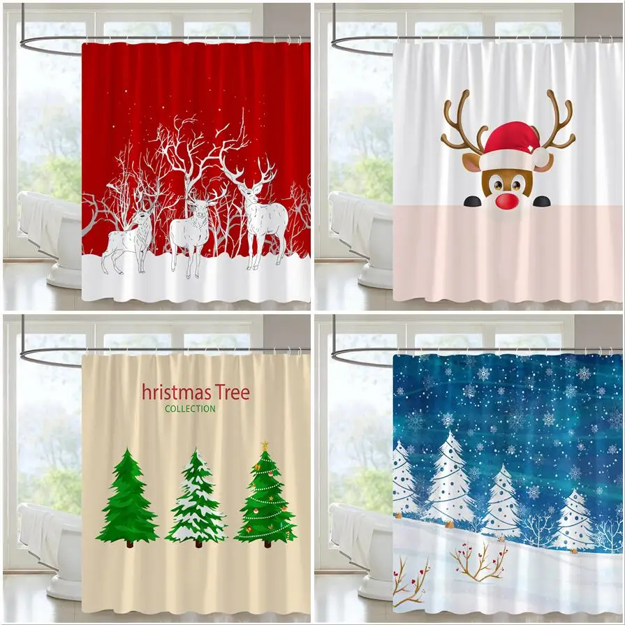 

Winter Shower Curtain Pine Cedar Cartoon Cute Funny Reindeer Christmas Decoration New Year Gift Bathroom Curtain Bathtub Screens