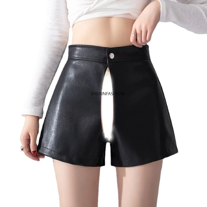 Invisible crotch open pants Womens Casual Faux Leather Shorts High Waisted Wide Leg Shorts femme Flare PU Shorts Black