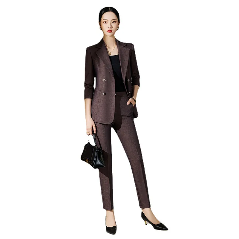 

HIGH QUALITY Women Pant Suit Office Ladies Purple Green Double Breasted Slim Blazer And Trouser Female Business Work 2 Piece Set