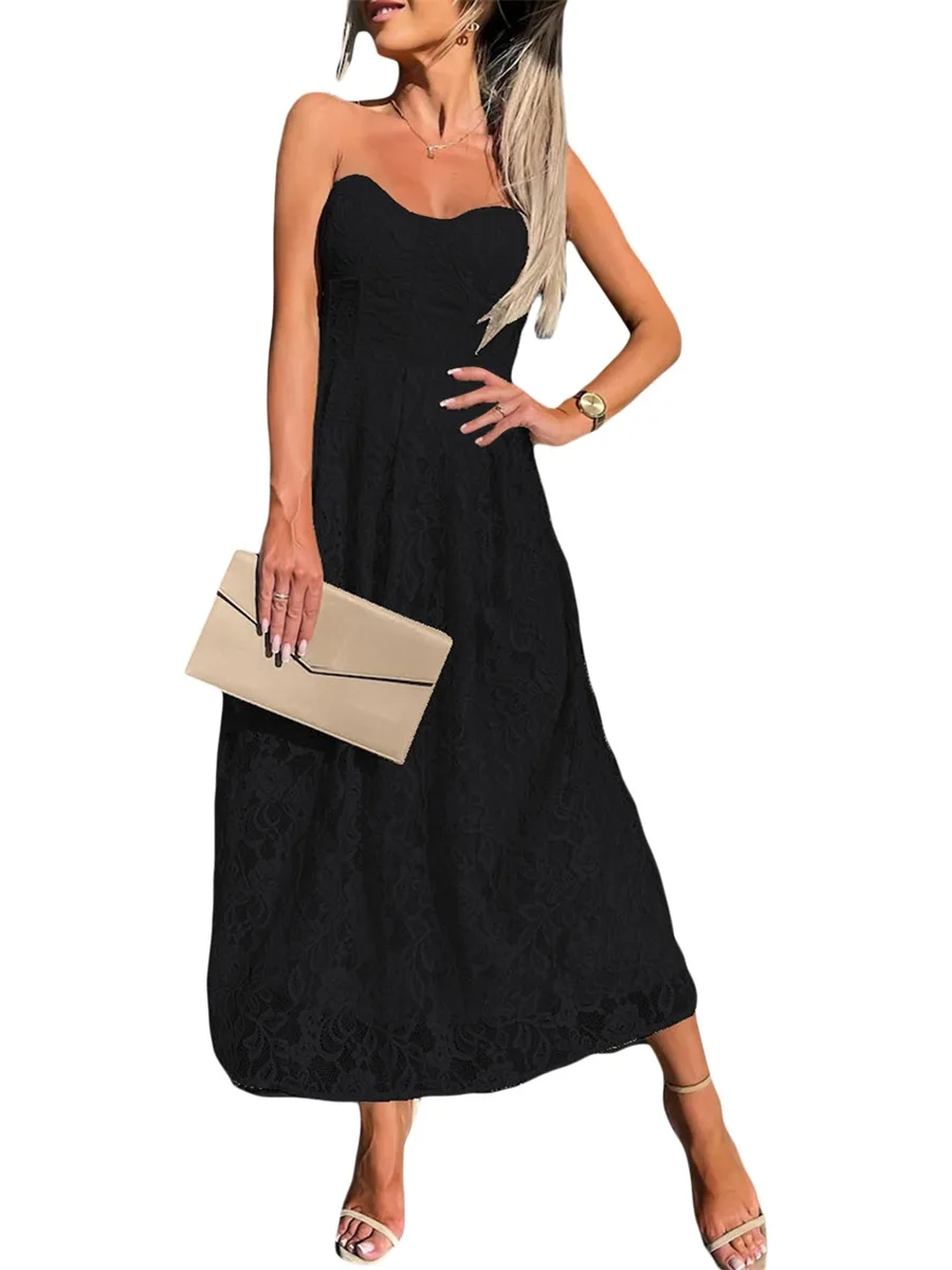 

Floral Lace Off Shoulder Midi Dress with High Waist Corset Tube Top - Women s Backless Casual Long Dress for Y2K Streetwear