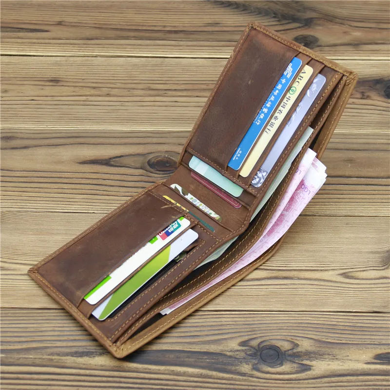 Men's and Women's Wallet Horizontal Double Fold Retro Wallet Large Capacity Crazy Horse Leather Head Layer Cowhide Wallet