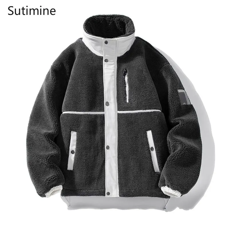 Coats Men Casual Button Lamb Cashmere Coat Men Cotton Padded Coat Thickened Vintage Coat Men Pockets Zipper Men Clothing