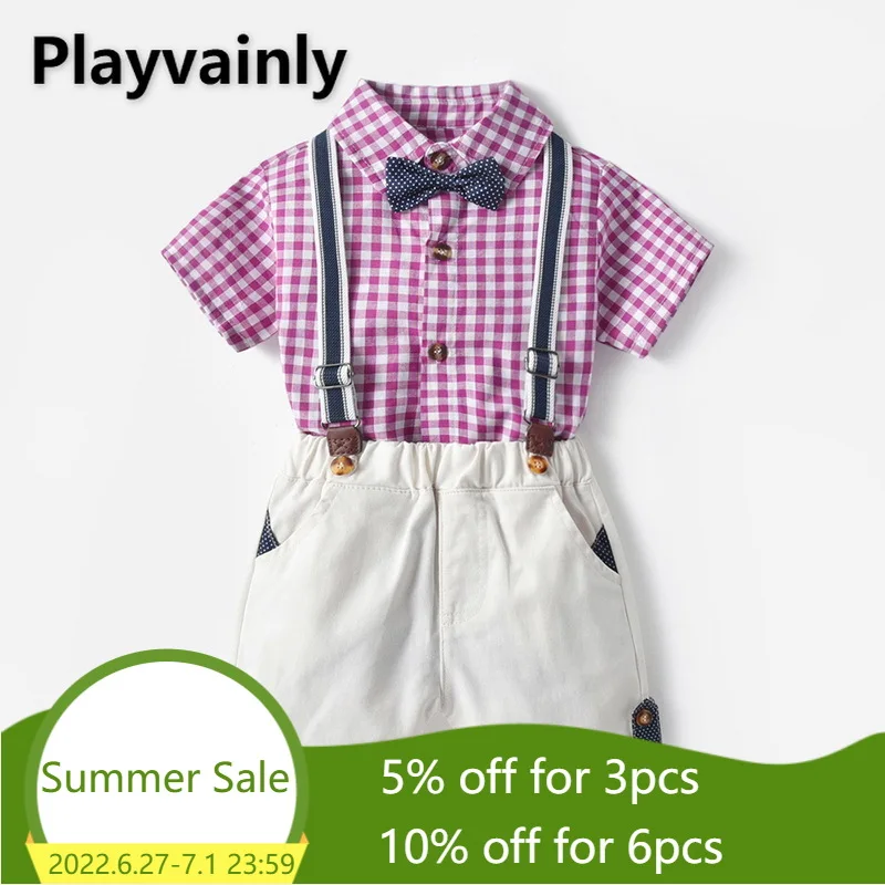 

2021 Baby Boy Sets Purple plaid Short Sleeve Romper+ white overalls 2 Piece cotton Suit Boy Clothes E100146