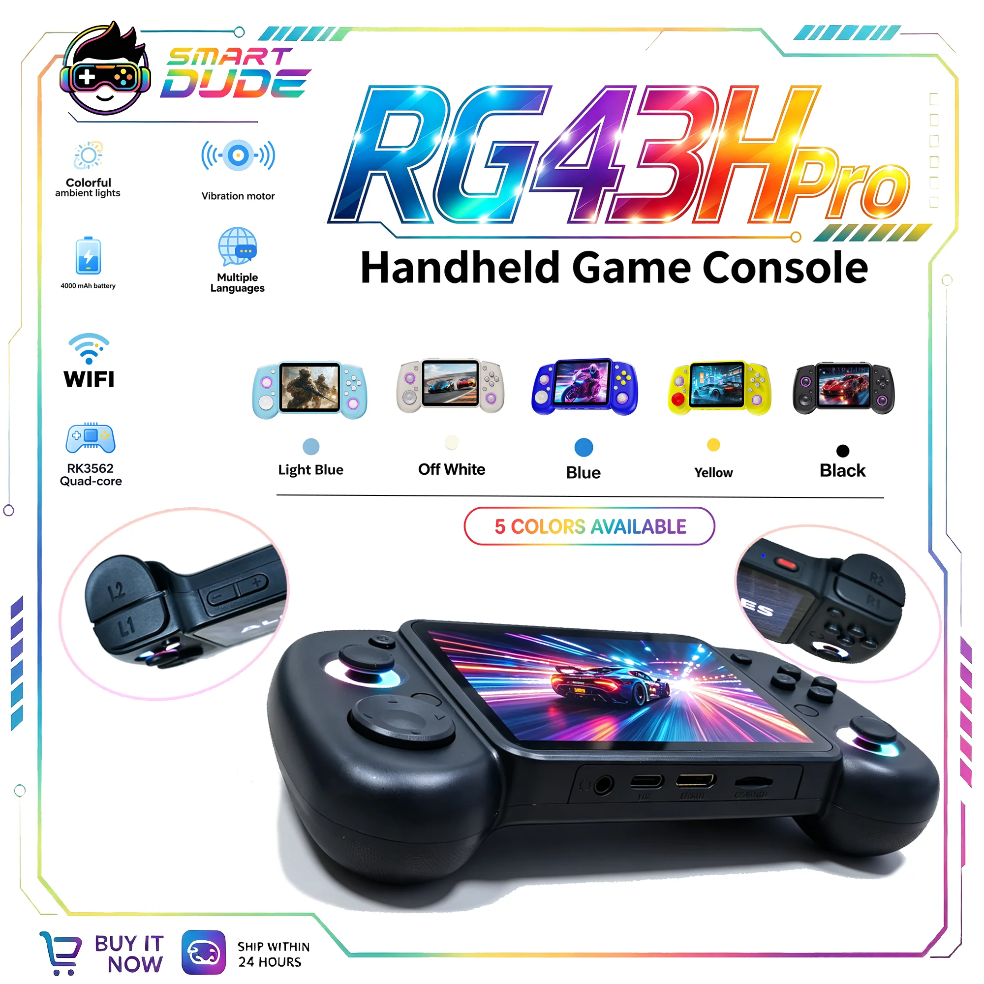 Фото Новая портативная игровая консоль RG43H Pro с 4,3-дюймовым IPS-дисплеем 1024*768, четырехъядерным процессором RK3562, встроенными вибромоторами и RGB-джойстиком с подсветкой.
