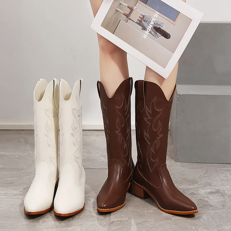 

Женские сапоги с вышивкой, ковбойские сапоги в стиле ретро, с высокой талией, на толстом каблуке, ковбойские сапоги в западном стиле, 2022