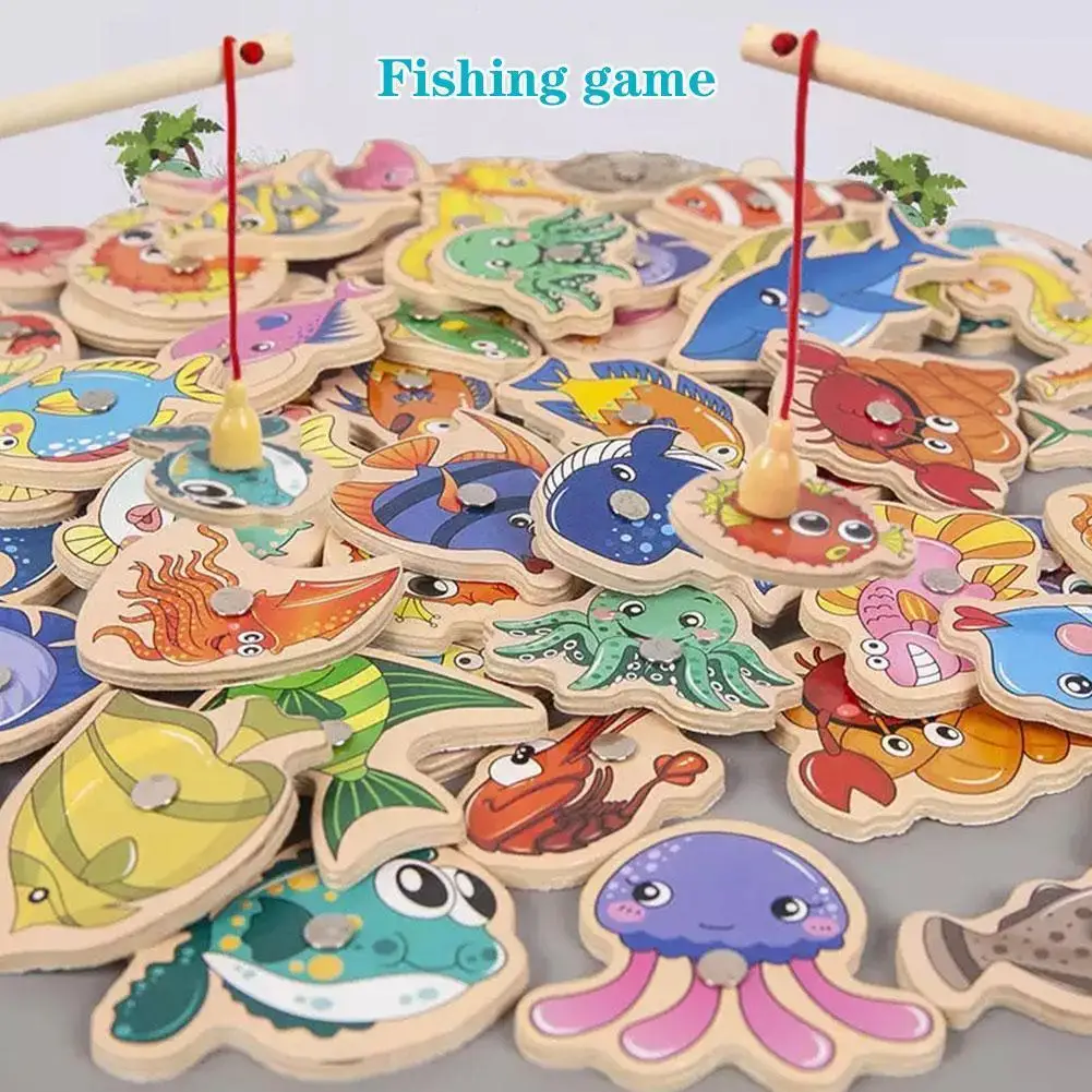 

Деревянные магнитные рыболовные игрушки Монтессори для детей, мультяшная Морская жизнь, познавательные игры для рыб, образование родителе...