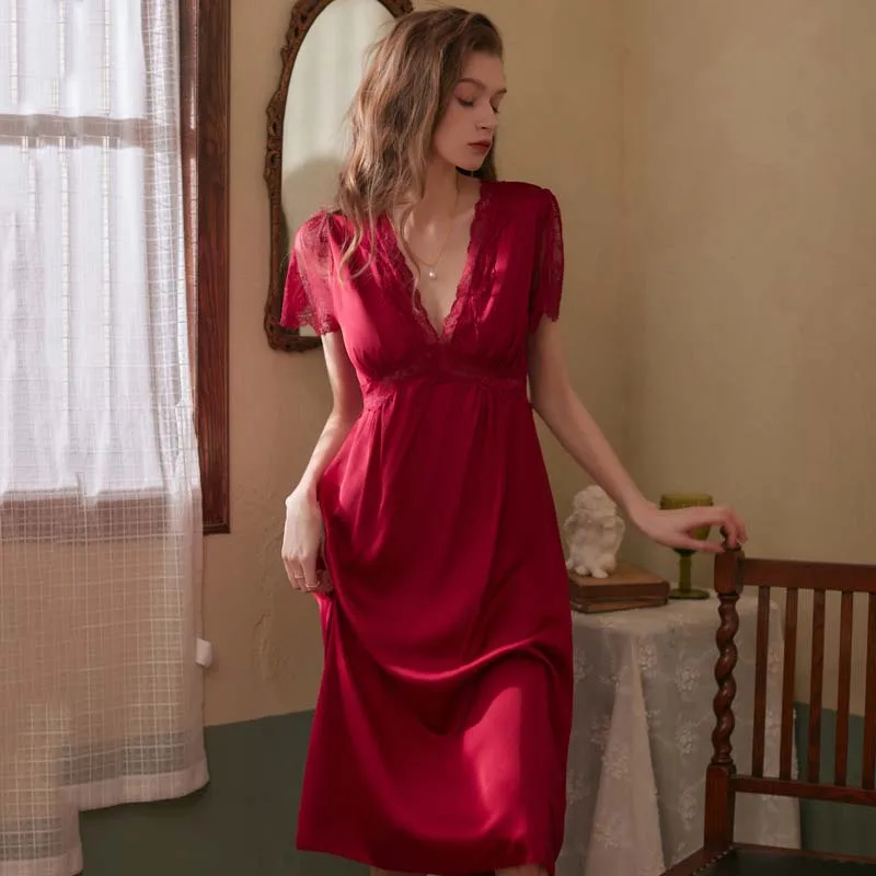 Wasteheart Pink Red Women Sexy Sleepwear Lace Nightwear Deep V Homewear Nightgown Sleep Gown Night Dress Babydolls Chemises
