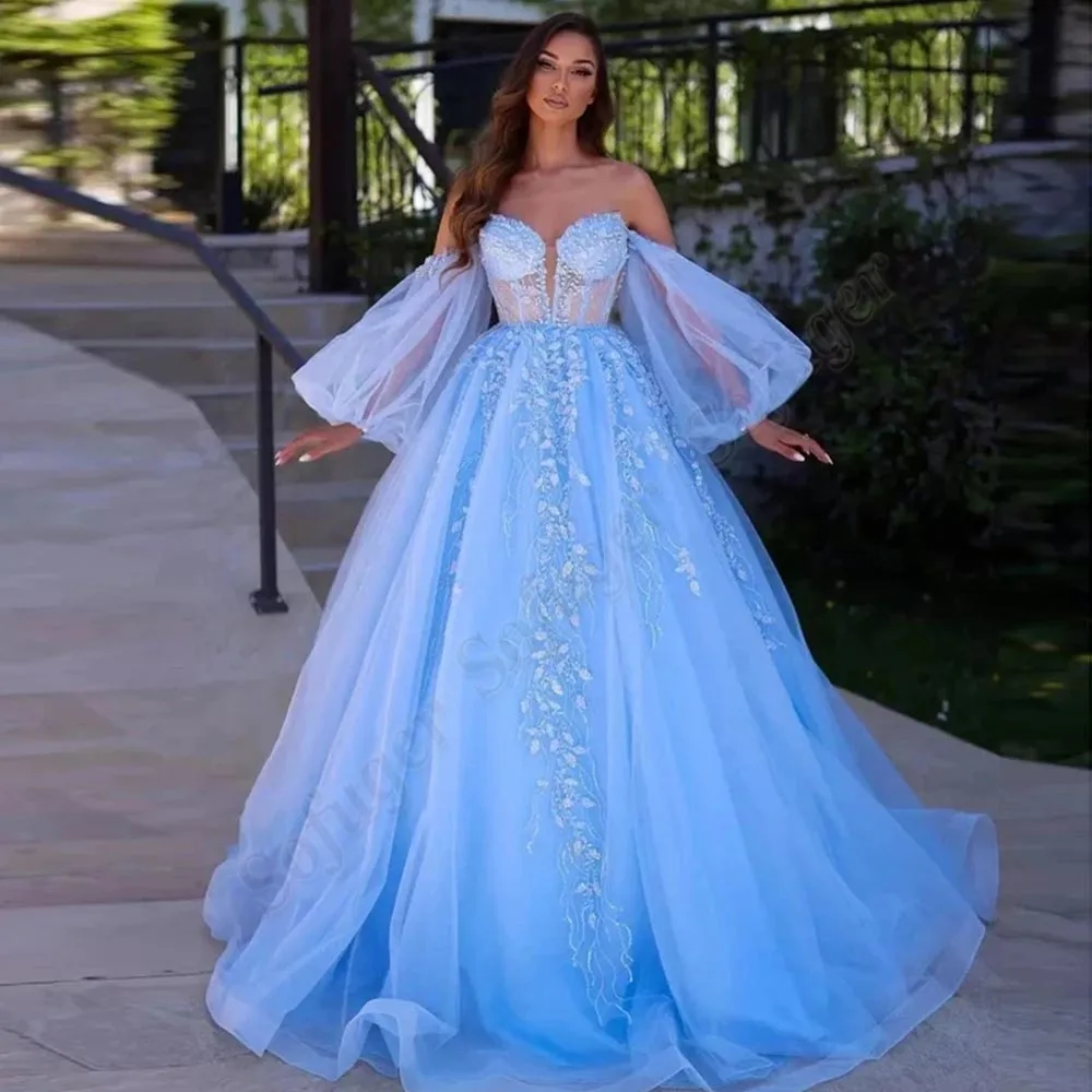 

SOFUGE Elegant Sky Blue Princess Party Dresses Prom Gowns Off Shoulder Appliques Puff Sleeves Custom Made Robes De Soirée