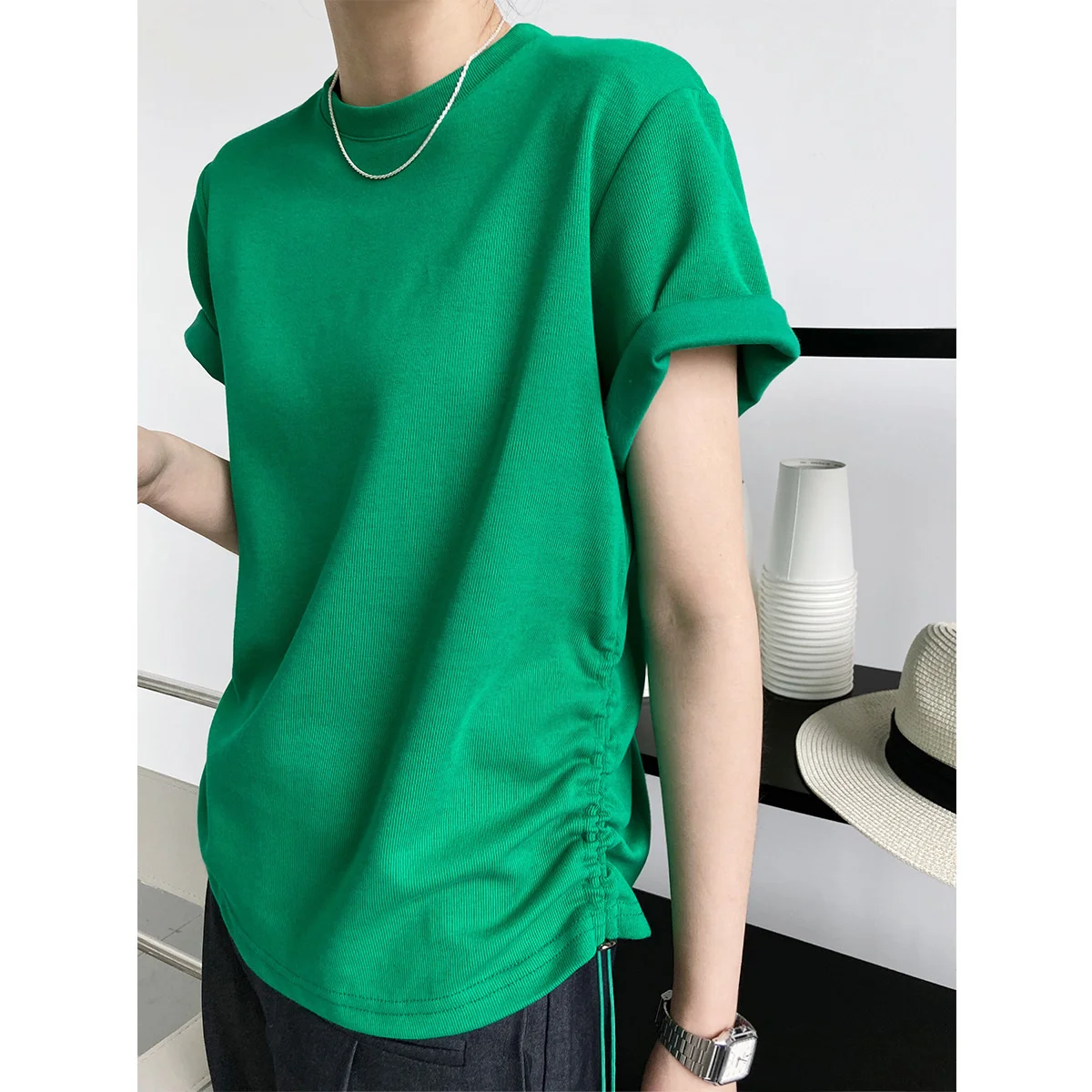 

Solid Side Drawstring Detailed T-Shirt Green Black White Orange Summer Short Sleeve Women Tee Shirt Tops