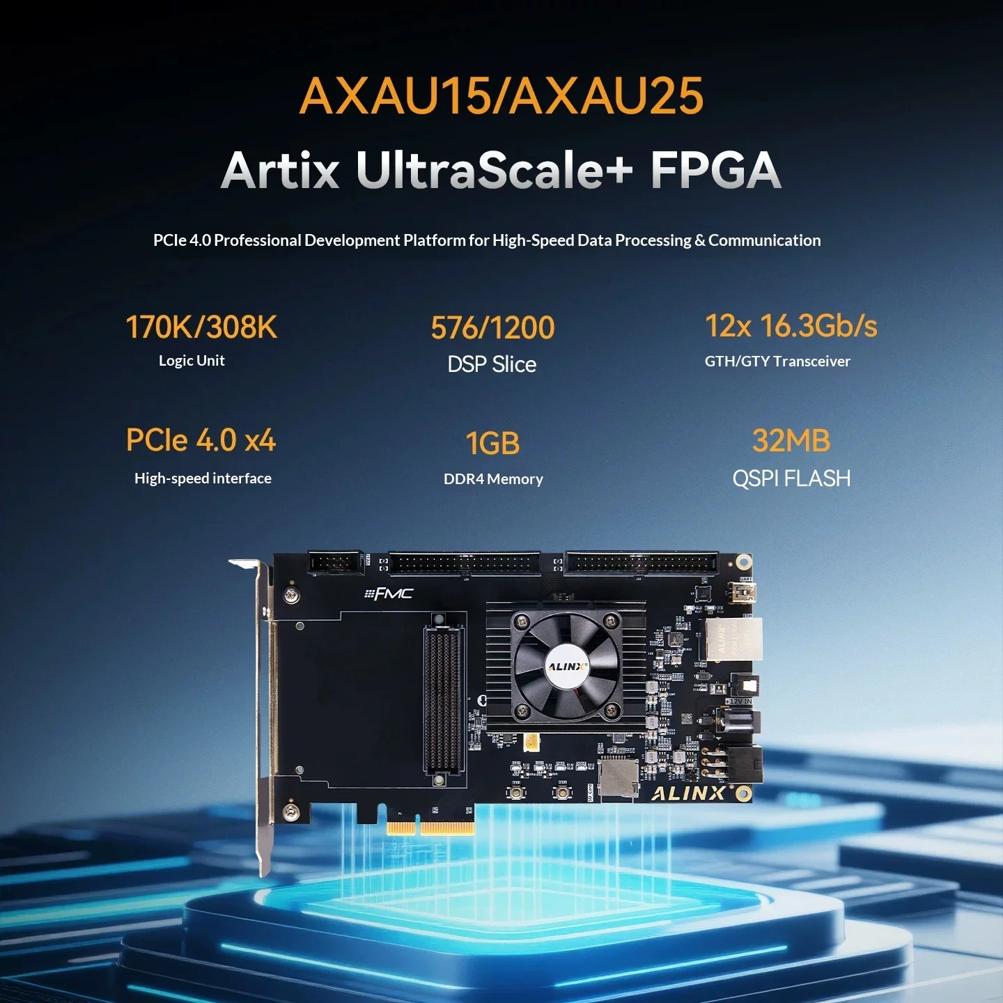 Фото Плата разработки FPGA ALINX Black Gold на базе Xilinx Artix UltraScale+ XCAU15P FMC HPC PCIe4.0 AXAU15 №2