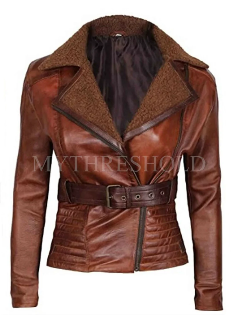 Women Brown Genuine Lambskin Soft Leather Motorcycle Slim Fit Biker Jacket Real Leather Coat
