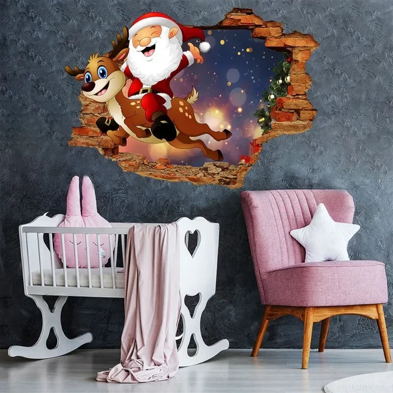 

New Broken Wall 3D Santa Claus Wall Stickers Children's Room Kindergarten Refurbishment Decor Self-Adhesive Stickers