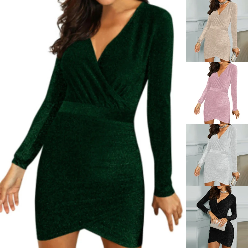 

Женское асимметричное платье с V-образным вырезом и длинным рукавом