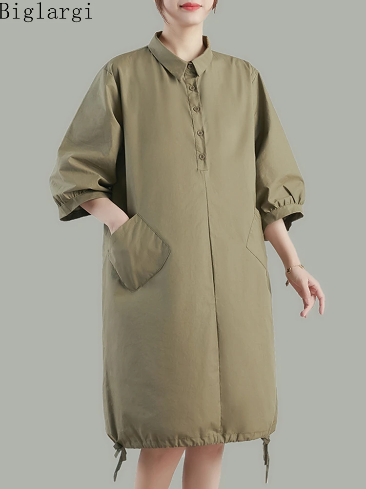 

Летнее платье-рубашка большого размера в Корейском стиле в стиле ретро; Женское повседневное свободное платье; Новинка 2022 года; Офисное жен...