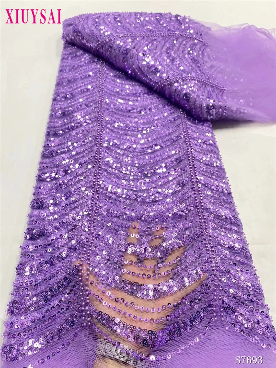 

Purple Latest Nigerian Lace Fabrics Fashion Women African Tull Lace Luxury Handmade Bead sequins Fabrics For Wedding 5Yards