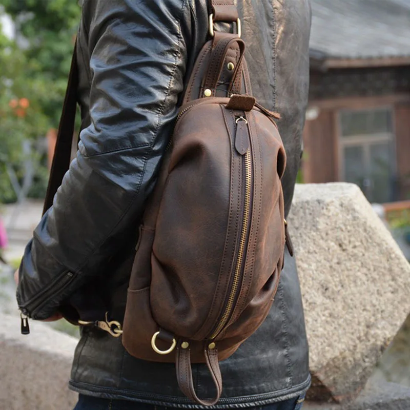 

Genuine Travel Crazy Sling Leather Horse Men's Chest Bag Bag Bag Vintage Cow Crossbody Small Leather Luufan Leather Cowhide Bag