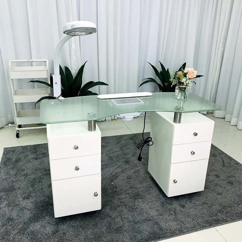 

Factory French Modern Style Salon Furniture Glass Top Portable High Gross Spa White Nail Station Manicure Table 120*40*76cm