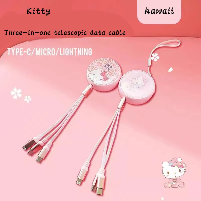 

Kawaii Sanriod Anime Peripheral Data Cable Series Cartoon Cute Kitty Three-In-One Retractable Apple, Micro, Type-C Data Cable