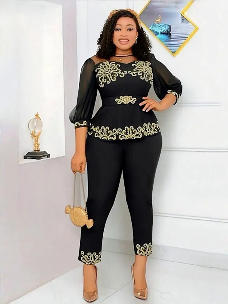 Office Suits for Women Two Pieces Lady Puff Sleeve Top and Pants Set Fashion Elegant Plus Size Sets Wholesale Bulk Dropshipping