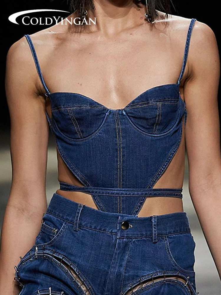 

ColdYingan Y2k Denim Corset Top Bandage Backless Bandage Crop Top Women Retro Sexy Club Beach Mini Vest Streetwear Sweats Korean