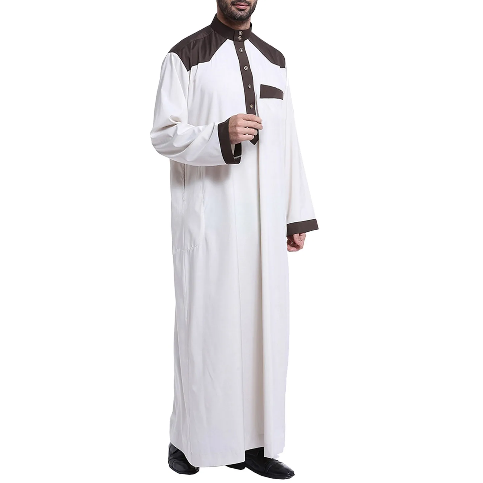 Men's Casual Muslim Arab Middle Patchwork Collar Long Sleeved Robe All- Button Shirts