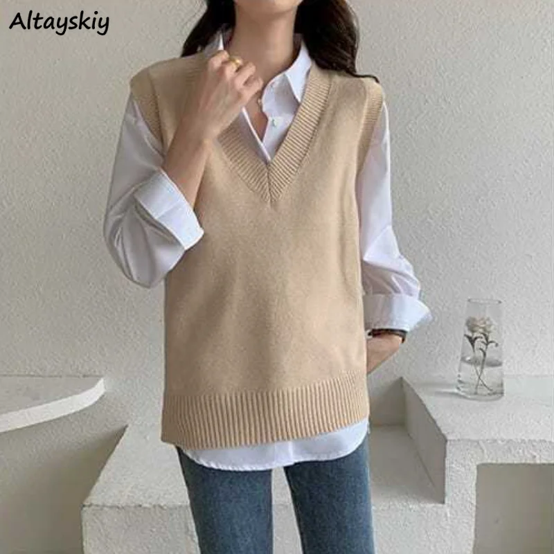 

Свитер без рукавов, женское платье с v-образным воротом, однотонные вязаные дизайн; Простая и подходит для повседневного ношения осень-зима ...