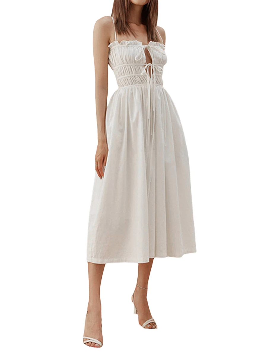 

Женское летнее платье-миди с рюшами, однотонное платье-трапеция на тонких бретелях спереди с квадратным вырезом, коктейльное платье