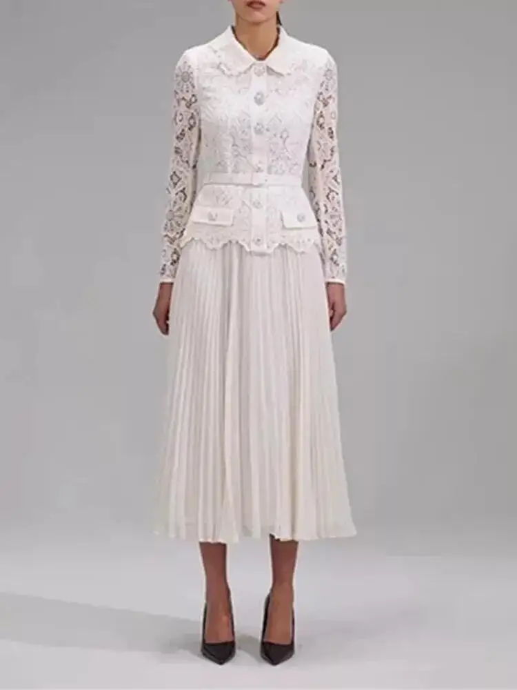 

Women Fake Two Pieces Spliced Lace Peter Pan Collar Pleated Long Sleeve Belt Elegant Midi Dress