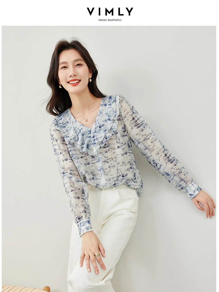Рубашка Vimly женская шифоновая с V-образным вырезом элегантная Свободная блузка из