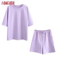 tangada 2021 summer soft cotton tracksuits unisex two piece set o neck t shirt and pocket shorts plus size 6l30 2