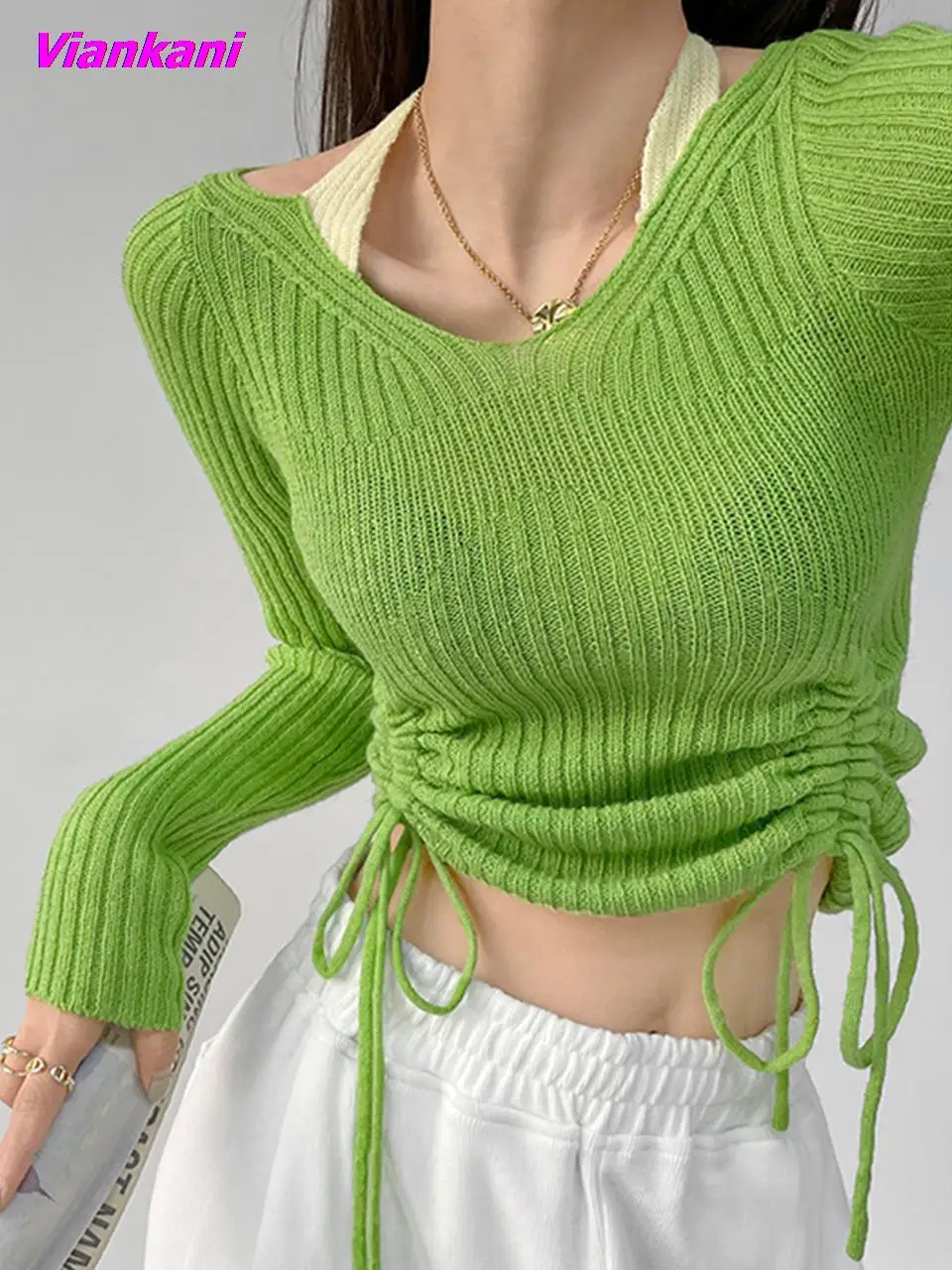 

Women Sweaters Fashion Autumn y2k Clothes Long Sleeve T-shirts Side Pleated Lacing Pullover Simple Basic Solid Color Slim Tops