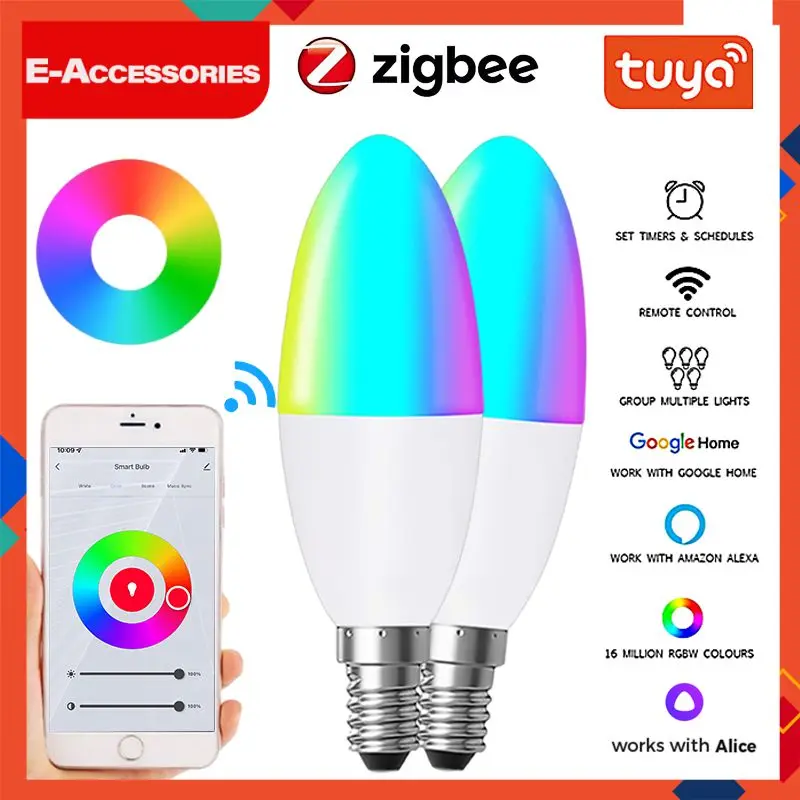 

2/4/6PCS For Alexa Google Home Yandex Alice Candle Light Bulbs Tuya Zigbee Rgbcw E14 Led Bulb Dimmable Zigbee Smart Lamp