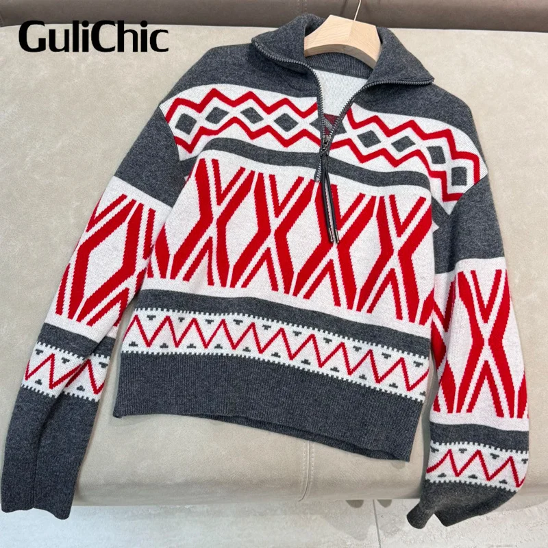 11 16 GuliChic высокое качество 2024 водолазка с геометрическим узором половина молнии