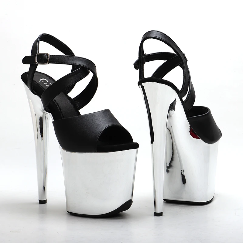Leecabe 20CM/8inch   New designs Matte PU black withe silver Color platform   pole dance sandals