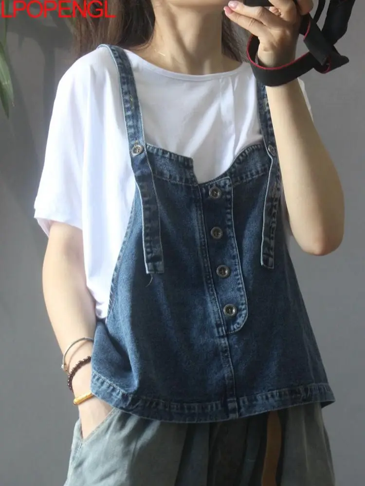 Женский джинсовый жилет на бретелях винтажный ковбойский большого размера без