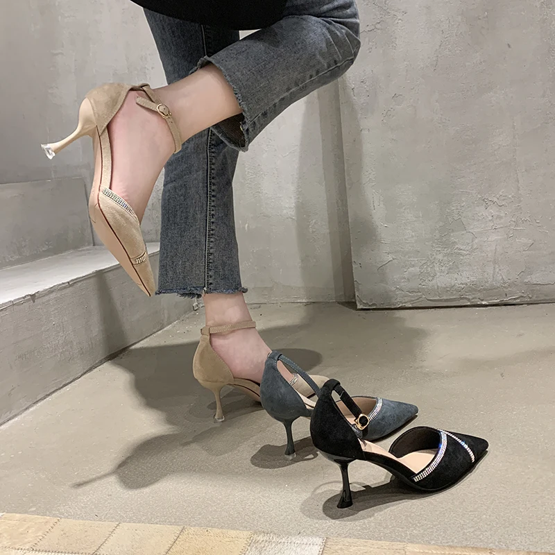 

Closed Toe Sandals for Women 2022 New All-MatchStiletto Mid-Heel French Girl Rhinestone High Heel Shoes 3009