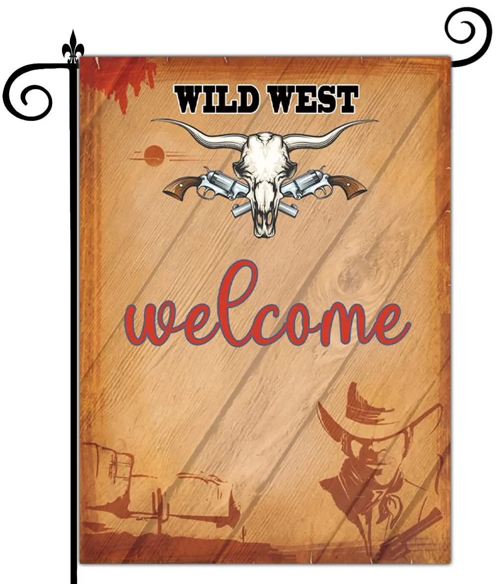 

Western Cowboy Welcome Garden Flag Vintage Illustration Party Double-Sided Yard Flags Cowboy Theme Decor for Outdoor Patio Lawn