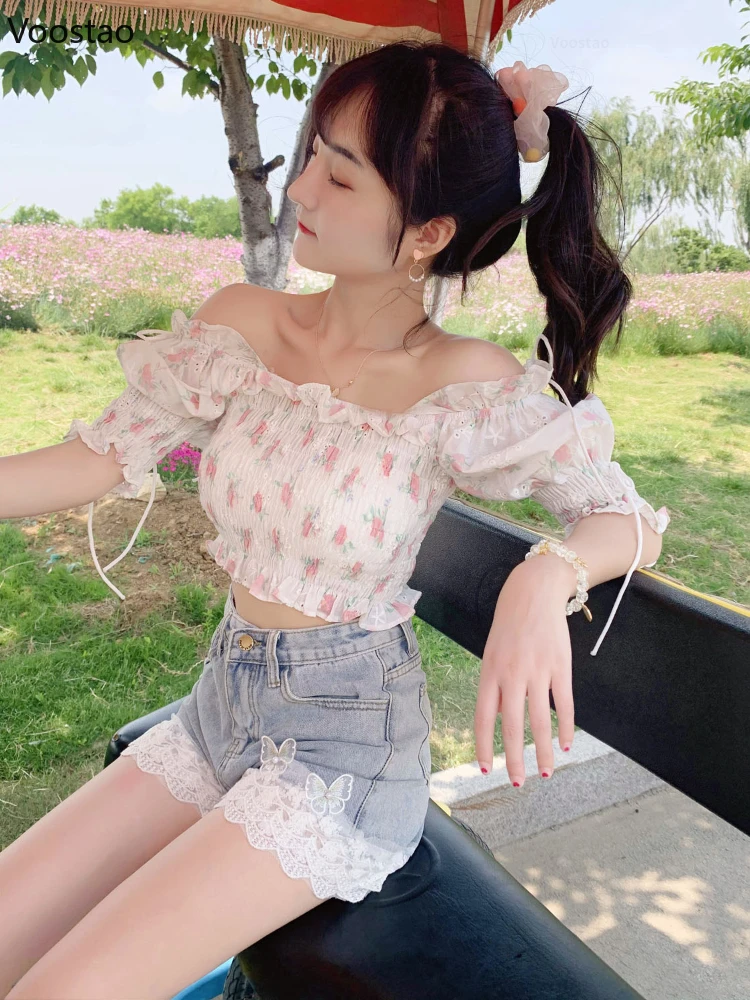 Летние милые кружевные джинсовые шорты с оборками женские корейские шикарные