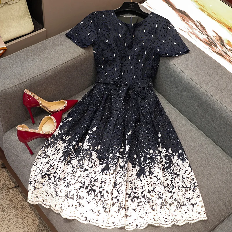 

Art Bump Color Burnout Hollow High Waist Tied A-line Dress Female Temperament Fashion 2023 Summer New Office Ladies Clothing