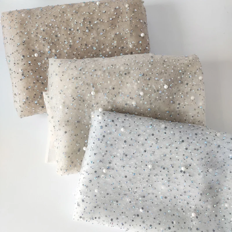 

Full Stone Nail Pearl Mesh Fabric Designer DIY Couture Women Dress Material Sewing Accesories Soft Tulle Wedding Dress Telas