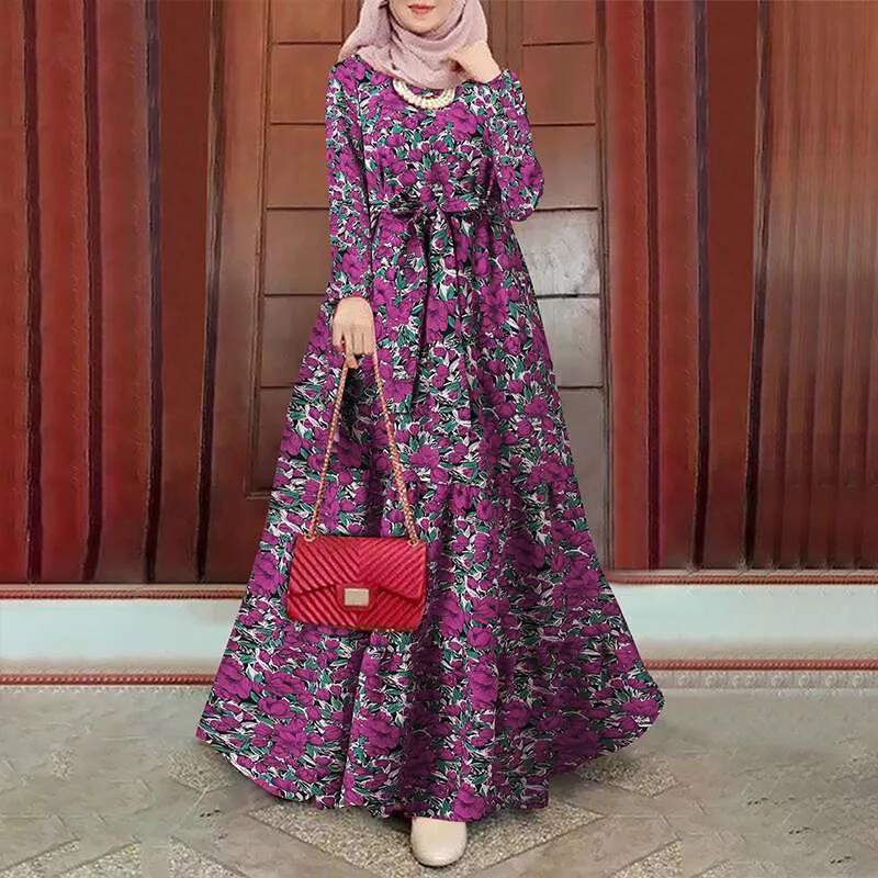 Morocco Catanf Dubai Turkish Abaya Hijab Dress Vintage Long Dress Women Muslim Dress Printed Sun Dress Long Sleeve Robe Belt